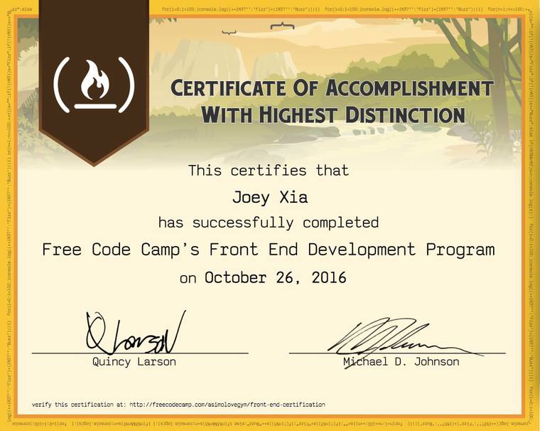 Front end web development certificate from free code camp